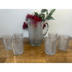 Vintage Art Deco Martinsville Lorraine 1914‎ Glass Pitcher 6 Tumblers Gold Trim